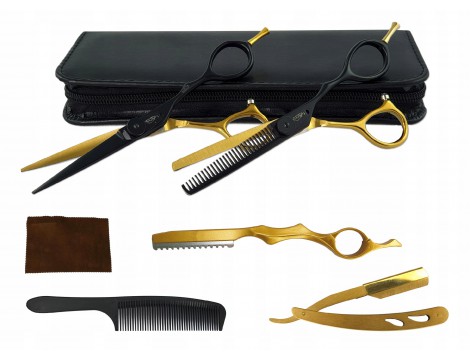 Sada kadeřnické nůžky + efilační nůžky 5,5" Black Gold + příslušenství